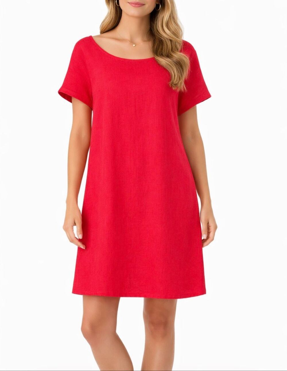 Lisa Bayne Red 100% Linen Midi Shift Dress XL Oversized Lagenlook Made USA